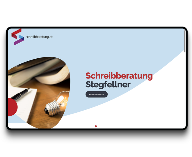Screenshot der Onepager Website für die Schreibberatung in eine Tablet dargesllt.