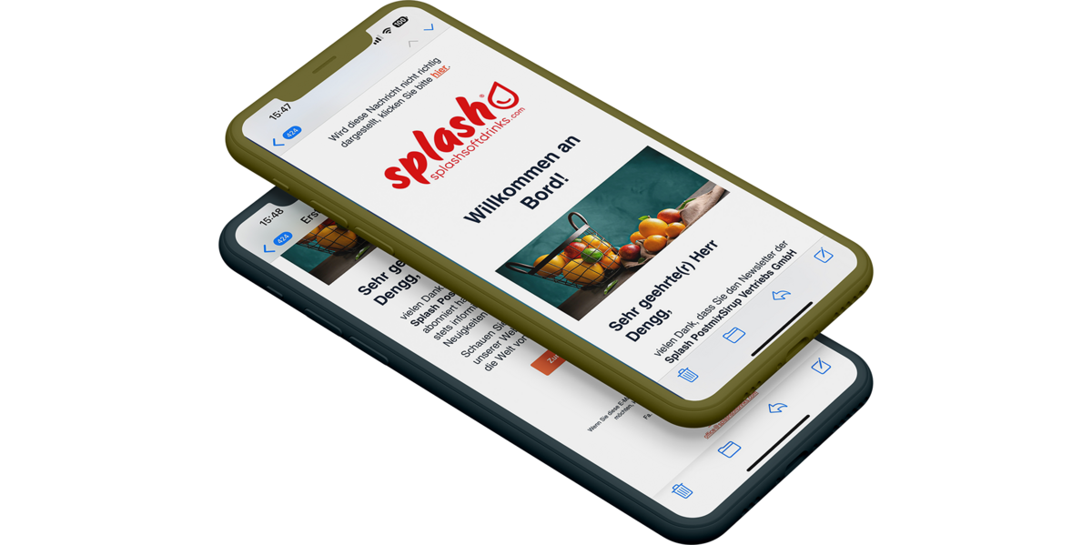 Newsletter für Splash Softdrinks Mockup zweier Smartphones mit den Newsletter von Splash Softdrinks am Display