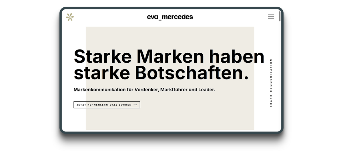 Screenshot in einem Mockup der Website von Eva Mercedes Cacici - Markenkommunikation für Vordenker, Marktführer und Leader.