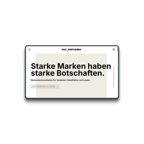 Screenshot in einem Mockup der Website von Eva Mercedes Cacici - Markenkommunikation für Vordenker, Marktführer und Leader.