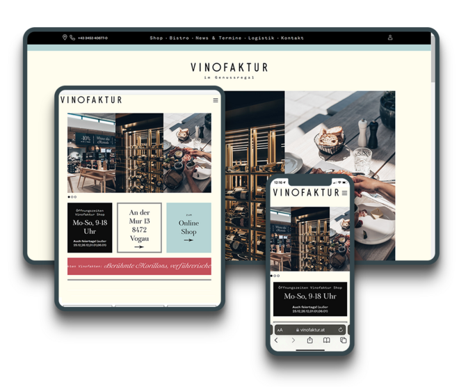 Multiscreen Screenshots der mit NEOS CMS erstellten VINOFAKTUR im Genussregal Website Multiscreen Screenshots der mit NEOS CMS erstellten Website der VINOFAKTUR im Genussregal Website.