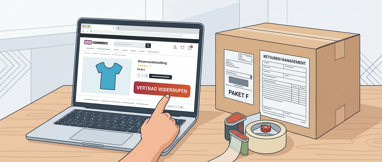 Bild zeigt eine Website mit Widerrufsbutton auf einem Notebook und eine Packet