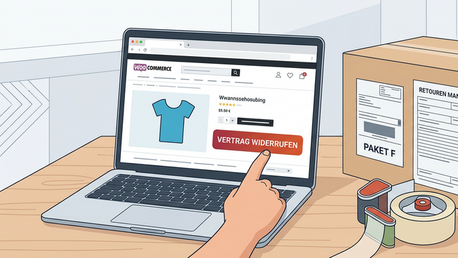 Widerrufsbutton-in-WooCommerce-integrieren.png Bild zeigt eine Website mit Widerrufsbutton auf einem Notebook und eine Packet
