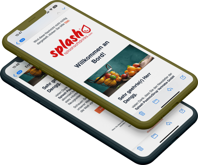 Mockup zweier Smartphones mit den Newsletter von Splash Softdrinks am Display