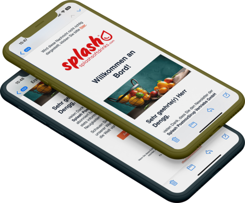 Direktmail-Lösung für Splash Softdrinks Mockup zweier Smartphones mit der Direktmail-Lösung für Splash Softdrinks