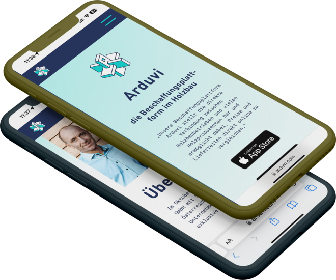 Zwei mobile Screenshots der Arduvi die Beschaffungsplattform im Holzbau Website .
